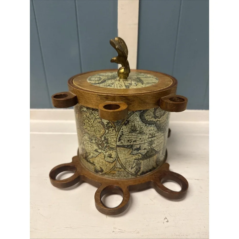 Vtg Ice Bucket  MCM Old World Map Globe Style W/ Brass Eagle Mid Century‎ Modern